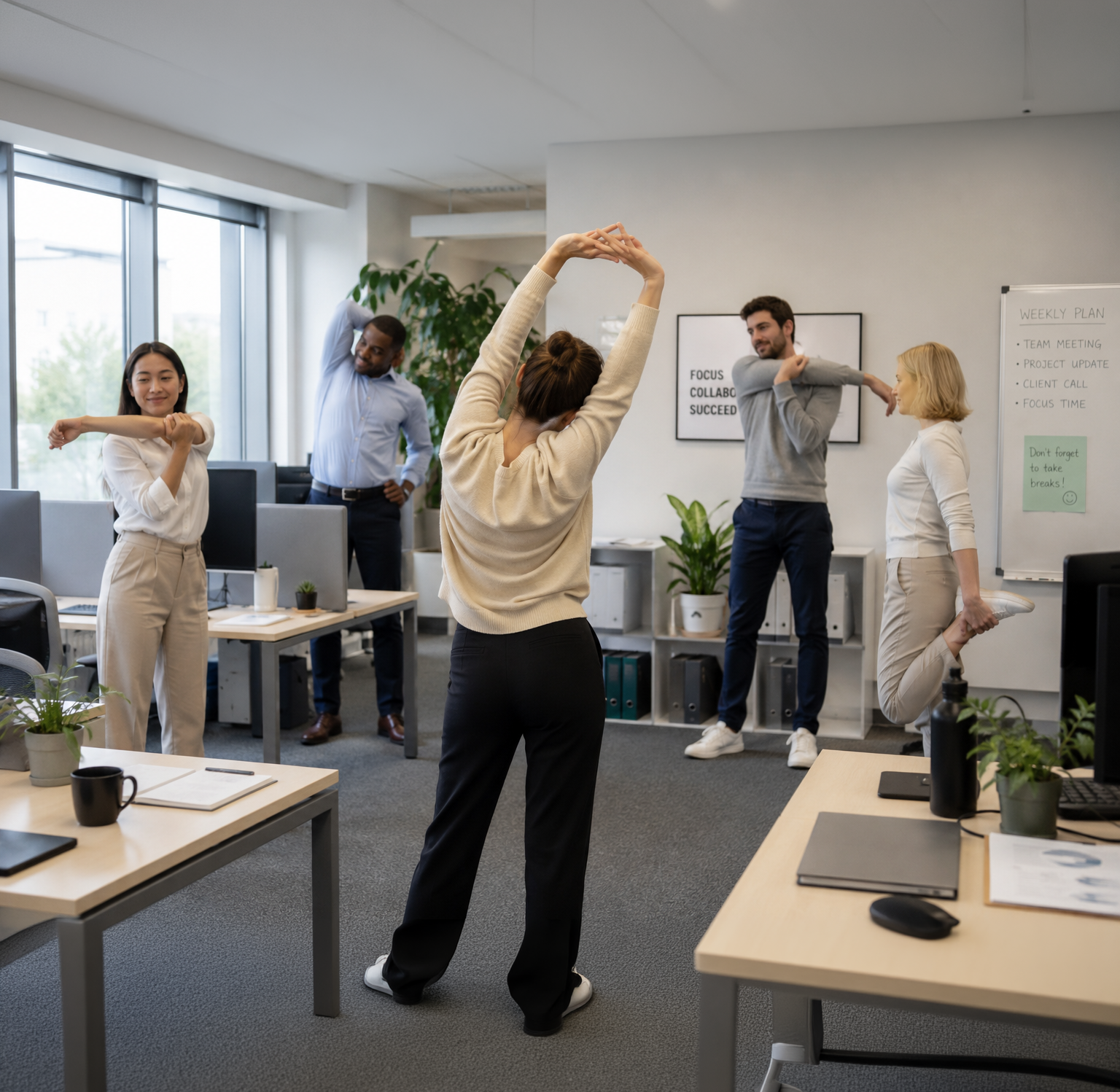 Employees participating in a workplace Stretch and Flex safety program