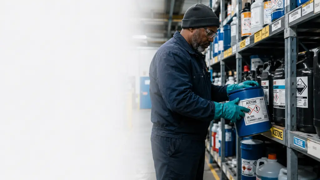 Worker handling labeled chemical containers under a hazard communication program in a manufacturing facility