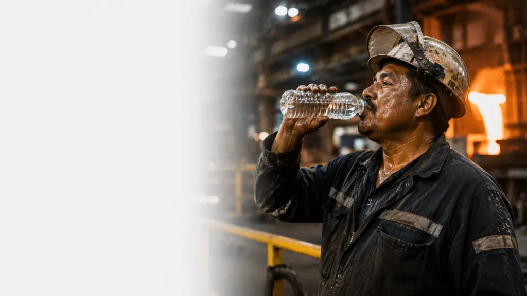 Worker managing heat stress near hot machinery on a manufacturing plant floor