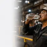 Worker managing heat stress near hot machinery on a manufacturing plant floor