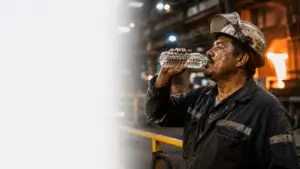 Worker managing heat stress near hot machinery on a manufacturing plant floor