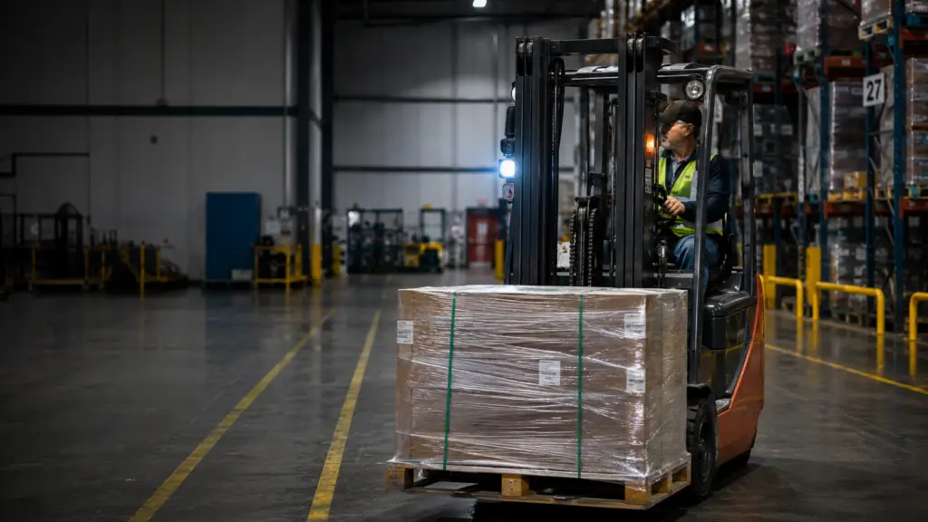 Forklift safety in action as an operator moves a load through a manufacturing facility