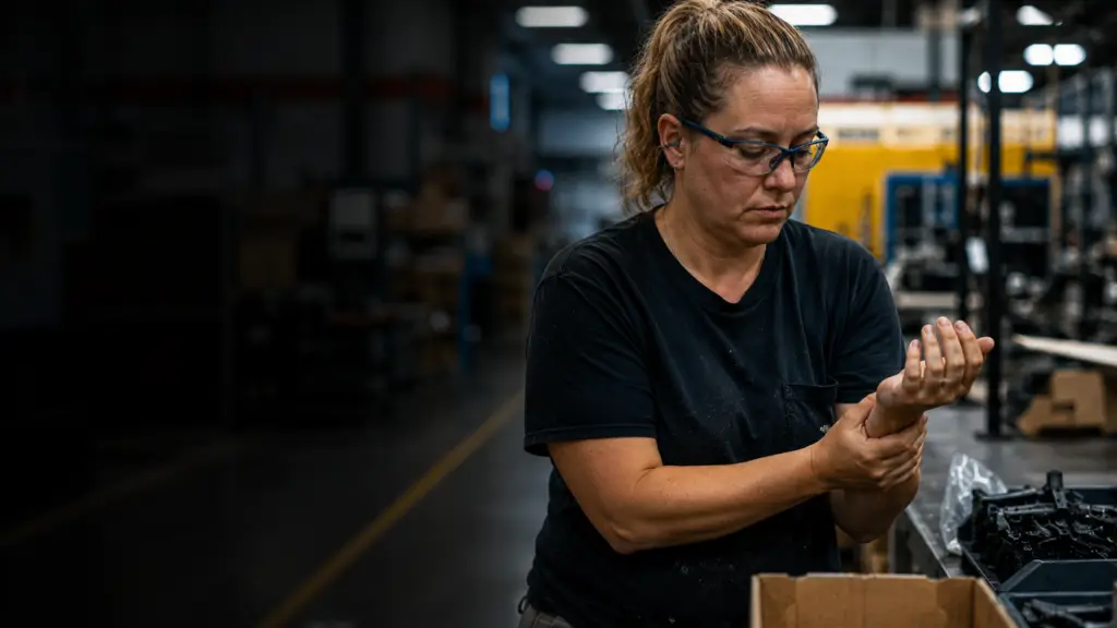 Worker showing wrist strain from cumulative trauma during repetitive assembly work