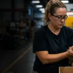 Worker showing wrist strain from cumulative trauma during repetitive assembly work