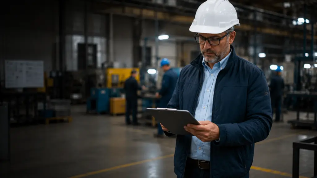 Manufacturing supervisor reviewing workers' comp cost data on a plant floor