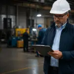 Manufacturing supervisor reviewing workers' comp cost data on a plant floor