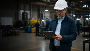 Manufacturing supervisor reviewing workers' comp cost data on a plant floor