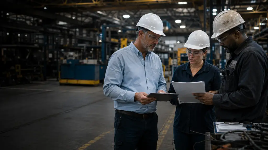 Manufacturing leaders reviewing an EMR reduction plan on the plant floor