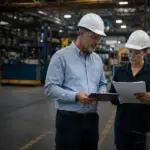 Manufacturing leaders reviewing an EMR reduction plan on the plant floor