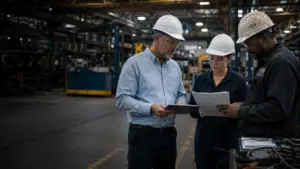 Manufacturing leaders reviewing an EMR reduction plan on the plant floor
