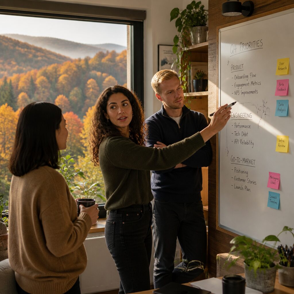 A small team of office workers standing around a whiteboard in a warm office environment, actively collaborating during a team standup.