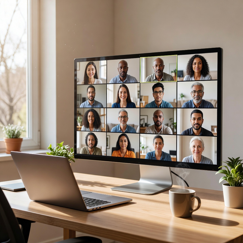A wide landscape shot displaying a grid of team faces during a virtual all-hands meeting, illustrating a distributed and remote-inclusive work culture.