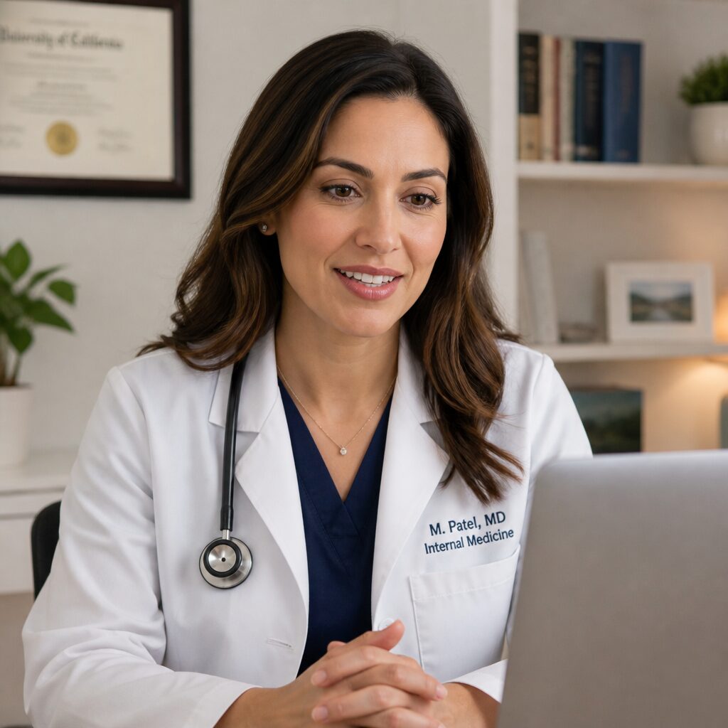 A female physician wearing a white coat during a telehealth call, providing a professional and warm clinical demonstration.