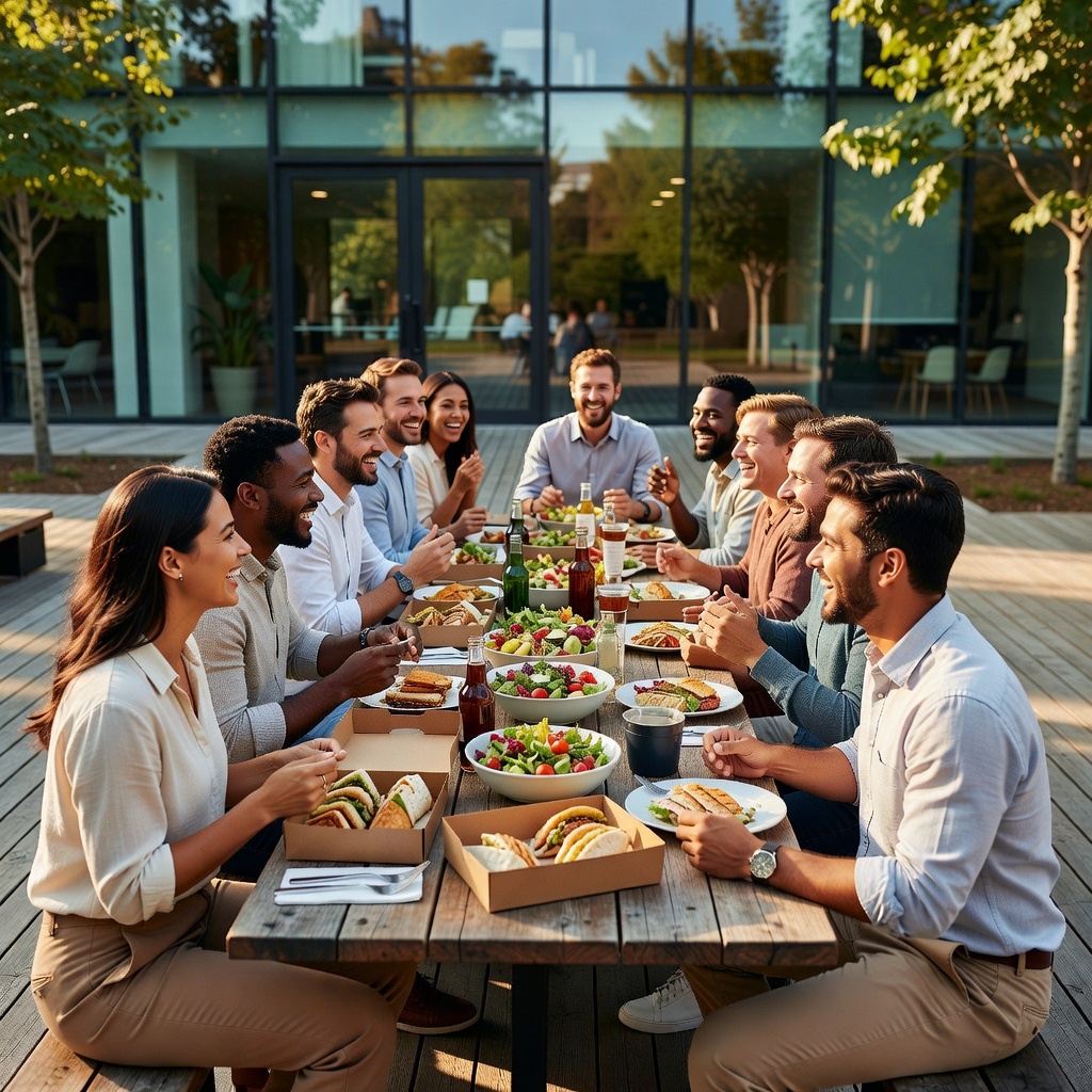 A team gathering together for a casual lunch celebration, capturing a warm and genuine company culture moment.