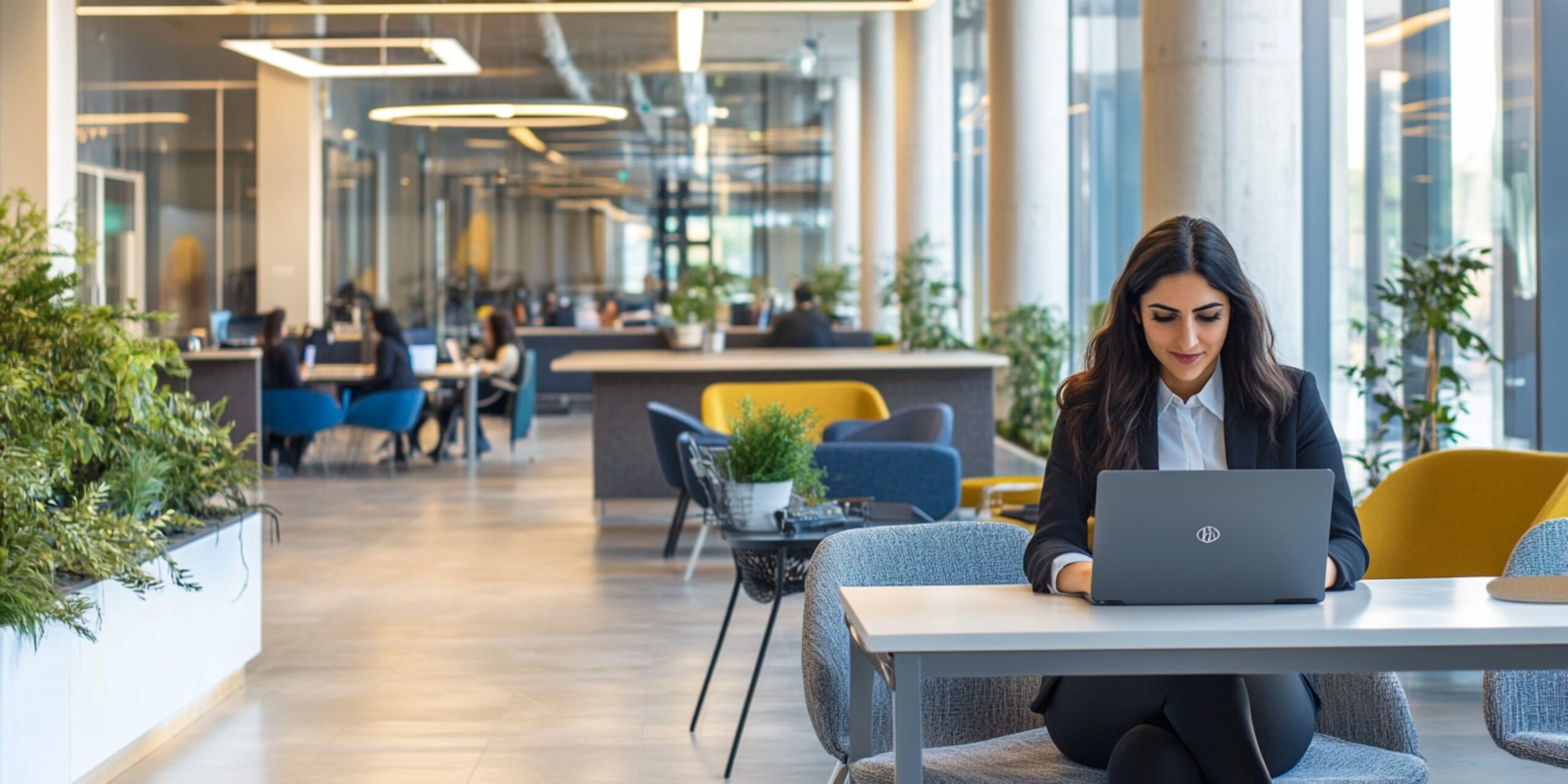 An employee sitting at a desk with a laptop, working in an authentic, relaxed office setting.